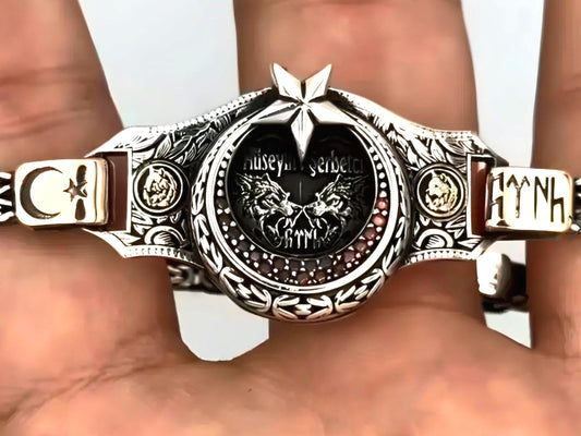 Crescent Star 925 Sterling Silver Men's Bracelet Personalized Name Engraving Ottoman Symbol