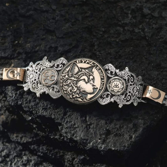 Bozkurt Spirit 925 Sterling Silver Bracelet Personalized Wolf Design Göktürk Script Turkish Cuff